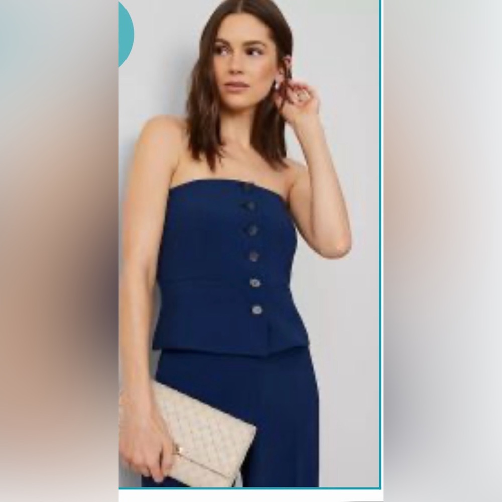 Ann Taylor Blue Buttoned Crepe Strapless Top